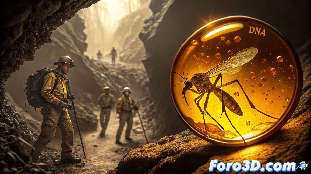 Primer plano de un mosquito en ámbar bajo luz de microscopio, con mineros trabajando al fondo en una mina oscura, recreando la icónica escena del teaser original de Jurassic Park.