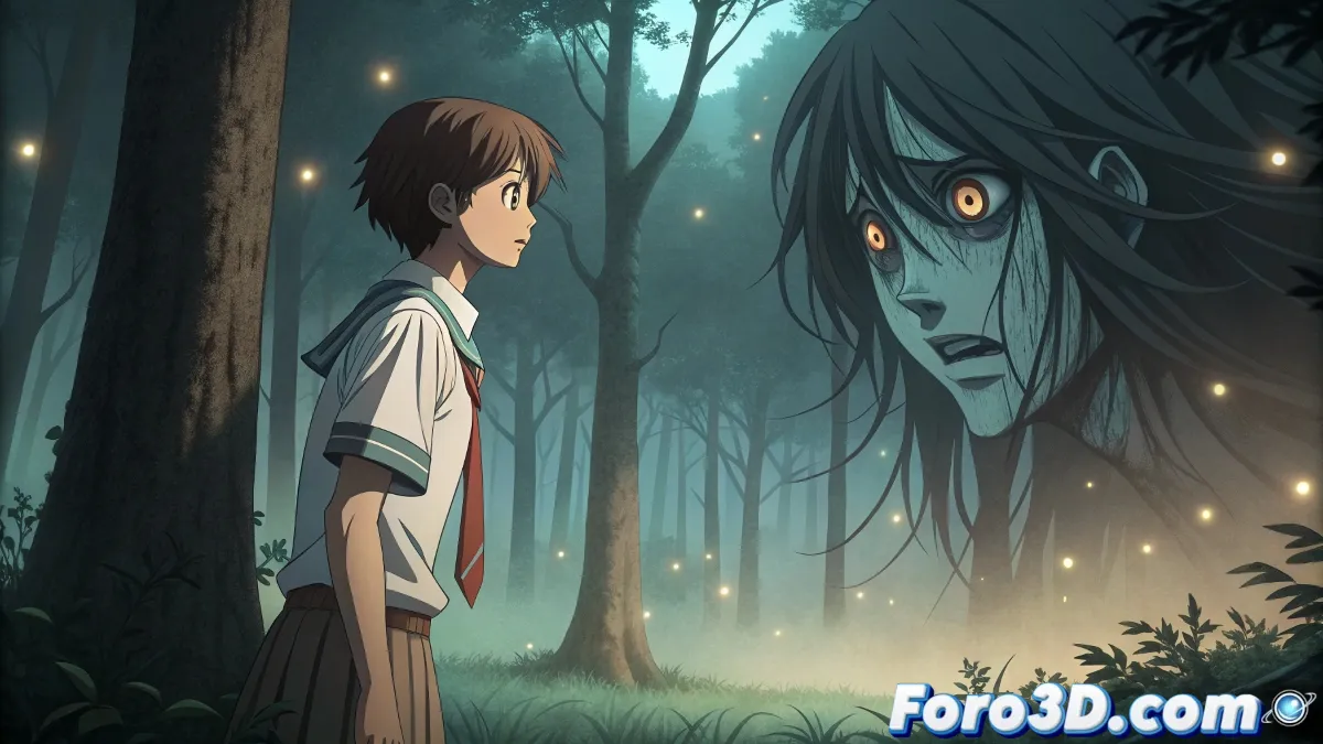 Imagen promocional del anime The Summer Hikaru Died mostrando a Yoshiki y la entidad sobrenatural en un ambiente de misterio veraniego