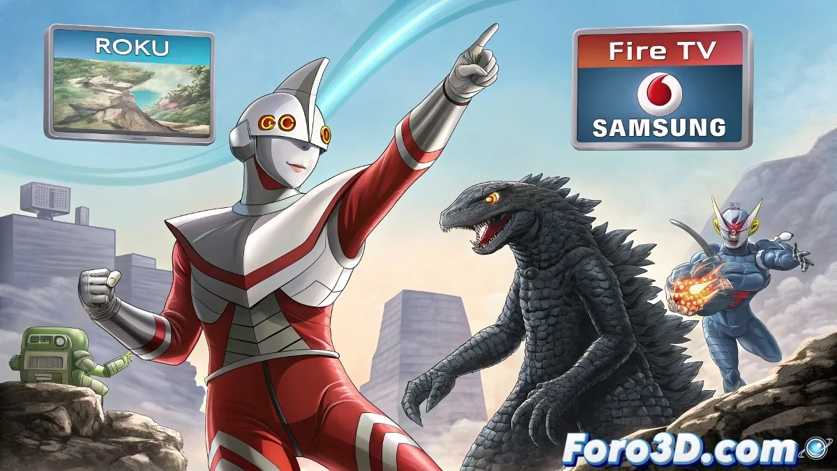 Ultraman en pose heroica frente a pantallas de dispositivos móviles y televisores mostrando sus películas, con logos de plataformas de streaming alrededor, estilo ilustración anime moderna con colores vibrantes y efectos de luz.