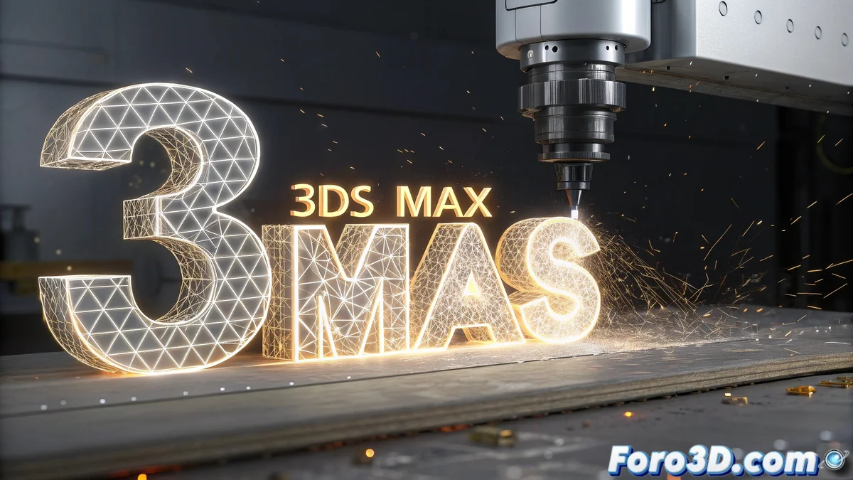 Proceso en 3ds Max mostrando la importación de splines vectorizadas desde un archivo AI para crear texto 3D extrusionado a partir de una imagen JPG.
