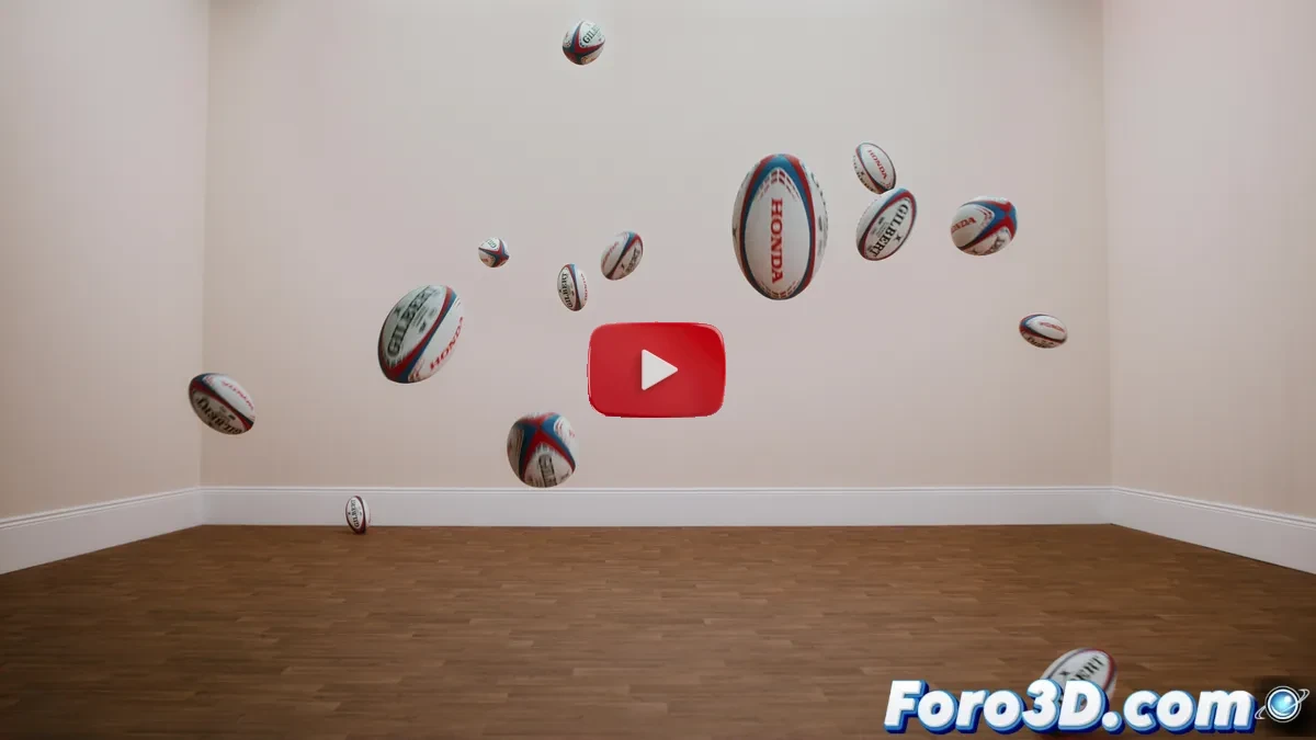 Balón de rugby en plena transformación digital, con estelas de movimiento y elementos CGI, sobre fondo de campo de juego con efectos de luz dinámicos.