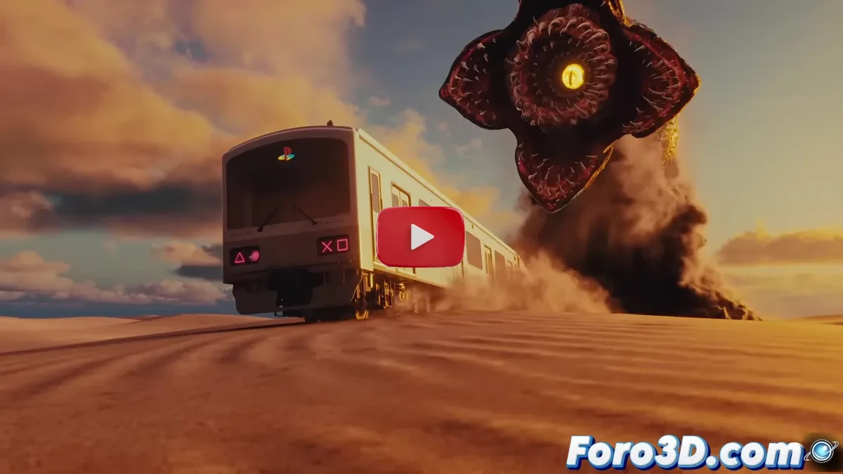 Los personajes Maru, Peke y Ki3 flotando sobre un tren-centípido luminoso que atraviesa paisajes de videojuego de diferentes épocas, con efectos de partículas y luz neón.