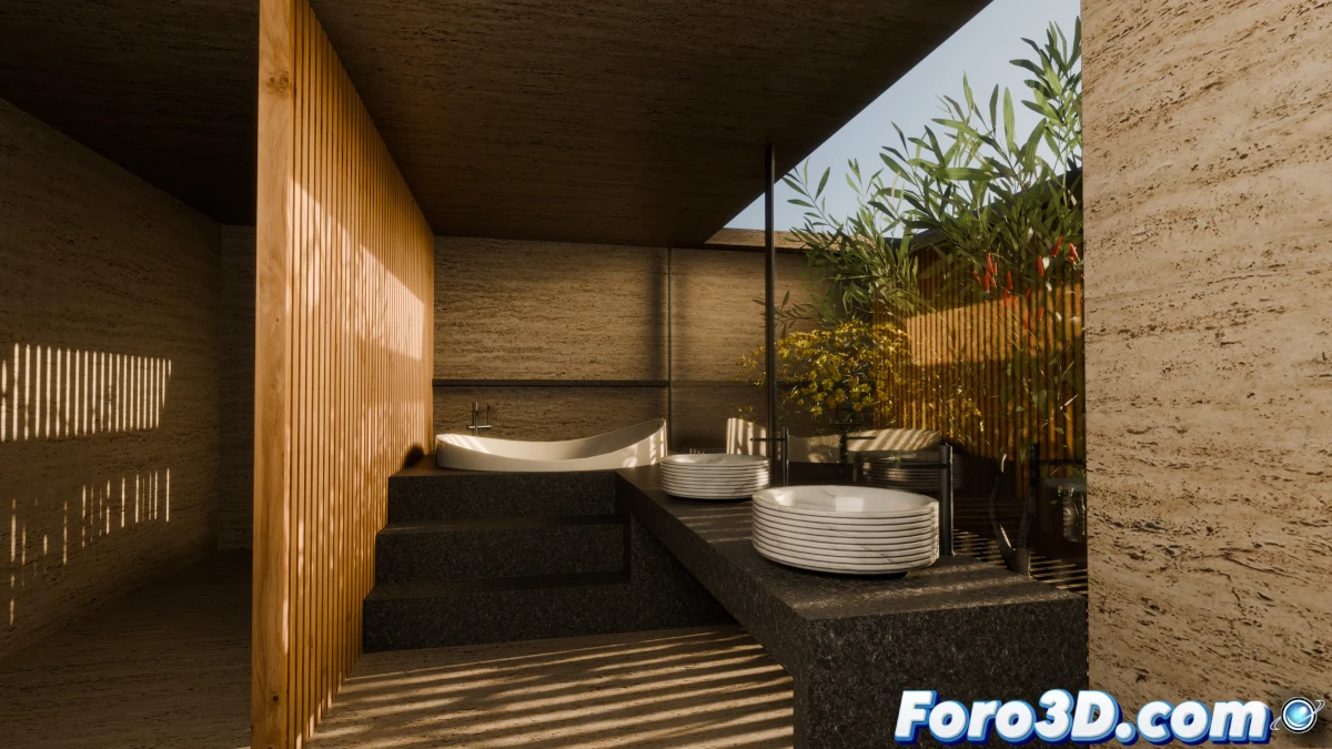 Vista de Villa Apua con su estructura geométrica, grandes ventanales y jardines integrados, destacando su diseño armonioso con el paisaje y la luz natural.