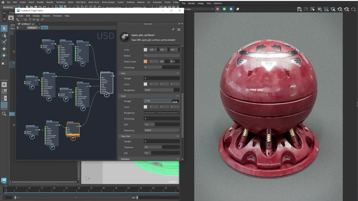 Estación de trabajo profesional de renderizado 3D con V-Ray 7 para Maya. En la pantalla se muestra un render detallado con 3D Gaussian Splats.