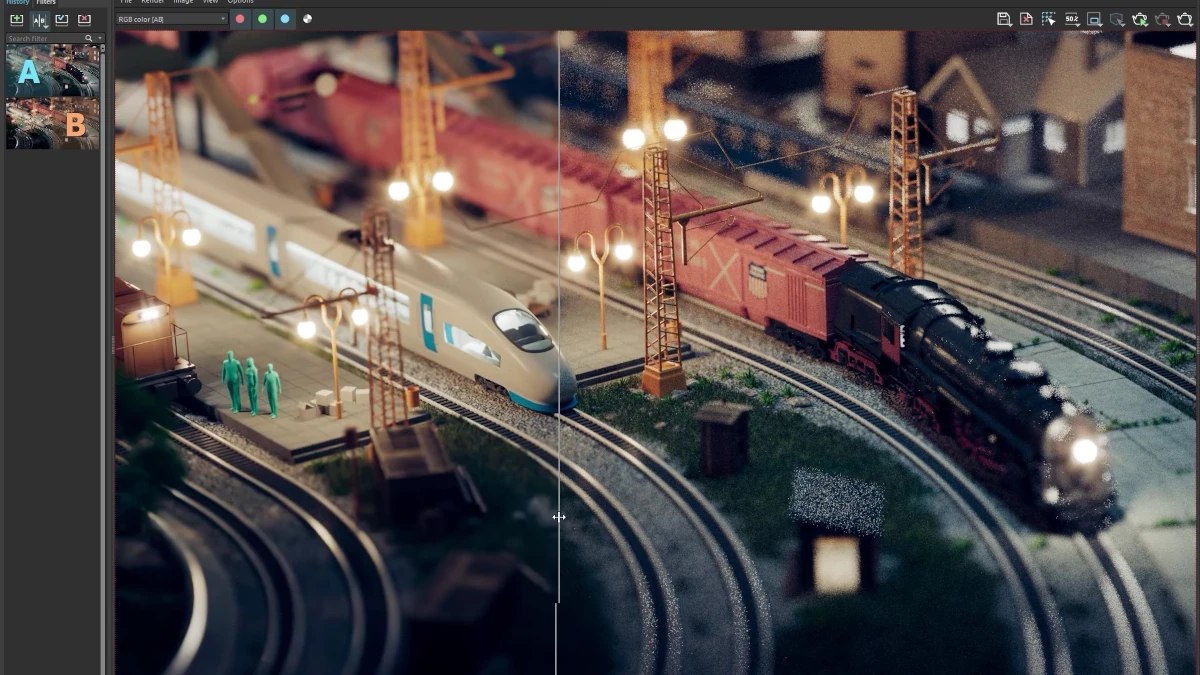 Estación de trabajo profesional de renderizado 3D con V-Ray 7 para Maya. En la pantalla se muestra un render detallado con 3D Gaussian Splats, iluminación realista y materiales OpenPBR. El entorno es un estudio de artista con monitores, tableta gráfica y equipo potente. Foro3d.com aparece sutilmente en la escena.