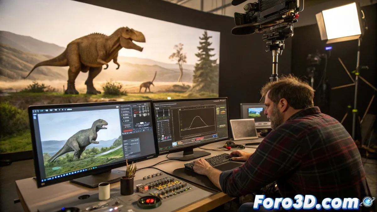 Fotografía de plató cinematográfico mostrando actores frente a pantalla verde mientras técnicos operan equipos de filmación y monitores muestran previzualizaciones con IA.