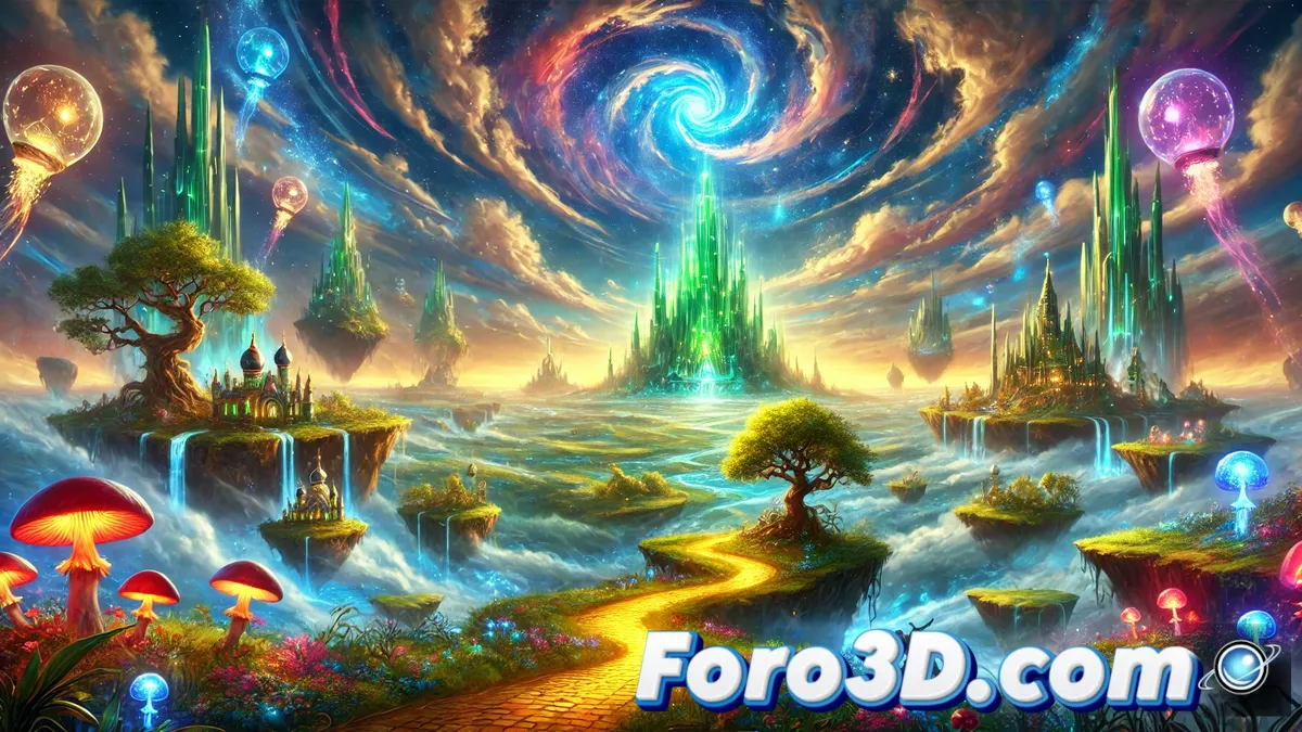 Un mundo encantado de Oz con criaturas mágicas, luces brillantes y efectos visuales impresionantes que fusionan CGI y escenarios reales en Wicked Part One.