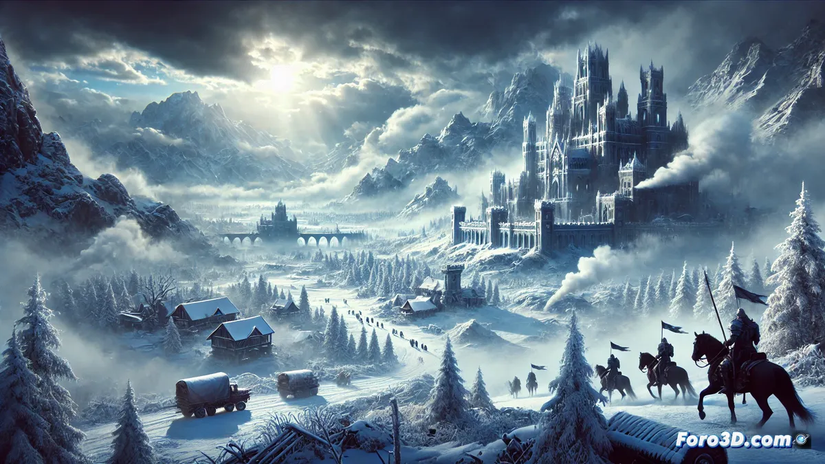 Paisaje nevado con ventisca dinámica, donde la nieve se acumula en árboles y personajes, resaltando el realismo visual de Rodeo FX en el cine.