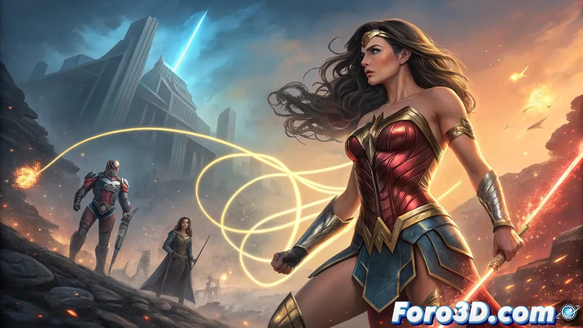 Wonder Woman en pose heroica con su lazo dorado, entre dos realidades: un Themyscira en llamas a su izquierda y su hija Trinity manipulando tecnología temporal a su derecha, todo en estilo cómic detallado con tonos épicos.