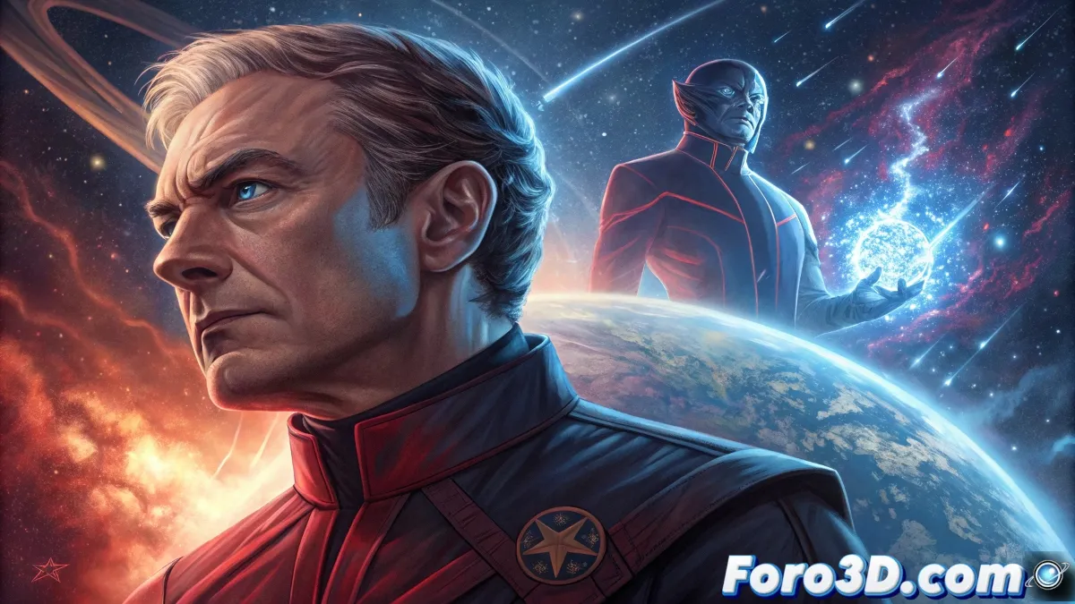 Profesor Xavier entre dos mundos: Tierra con X-Men a la izquierda y espacio Shi'ar a la derecha, en estilo cómic Marvel épico con división dramática de color