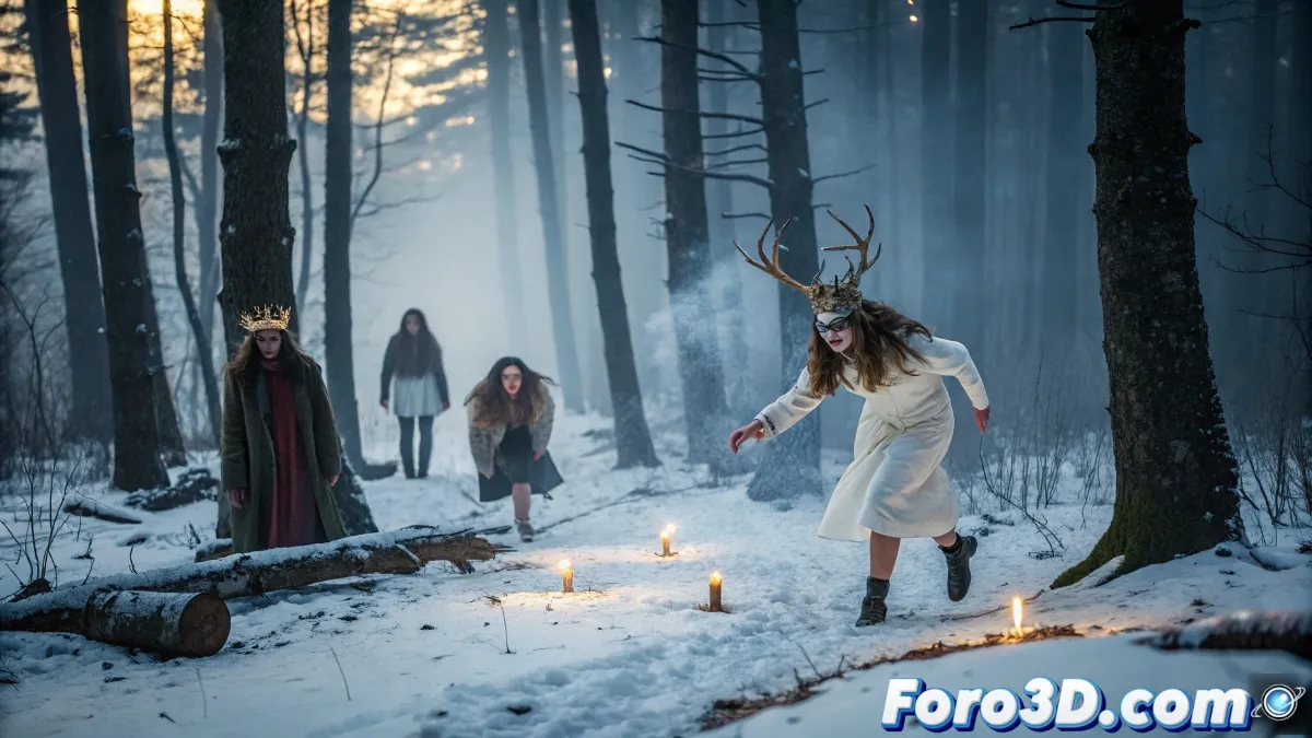 Grupo de jóvenes con máscaras primitivas persiguiendo a una chica vestida de blanco entre árboles nevados, con atmósfera oscura y tensa.